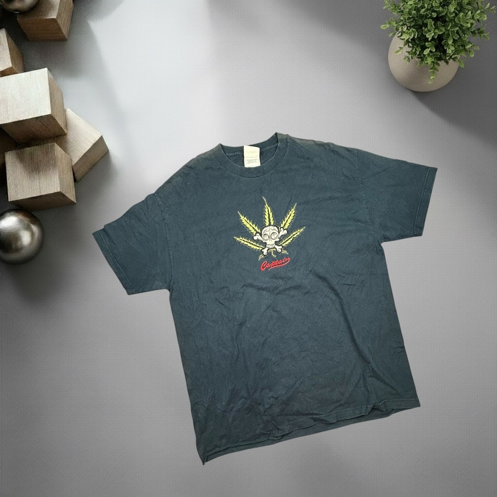 Vintage Y2K Captain Skull Weed Leaf Graphic Tee Alstyle Black XL Skater Grunge
